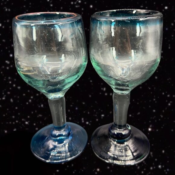 Hand Blown Glass Goblet Set Margarita Drinking Glasses Cobalt Blue Clear Glass - Picture 8 of 12